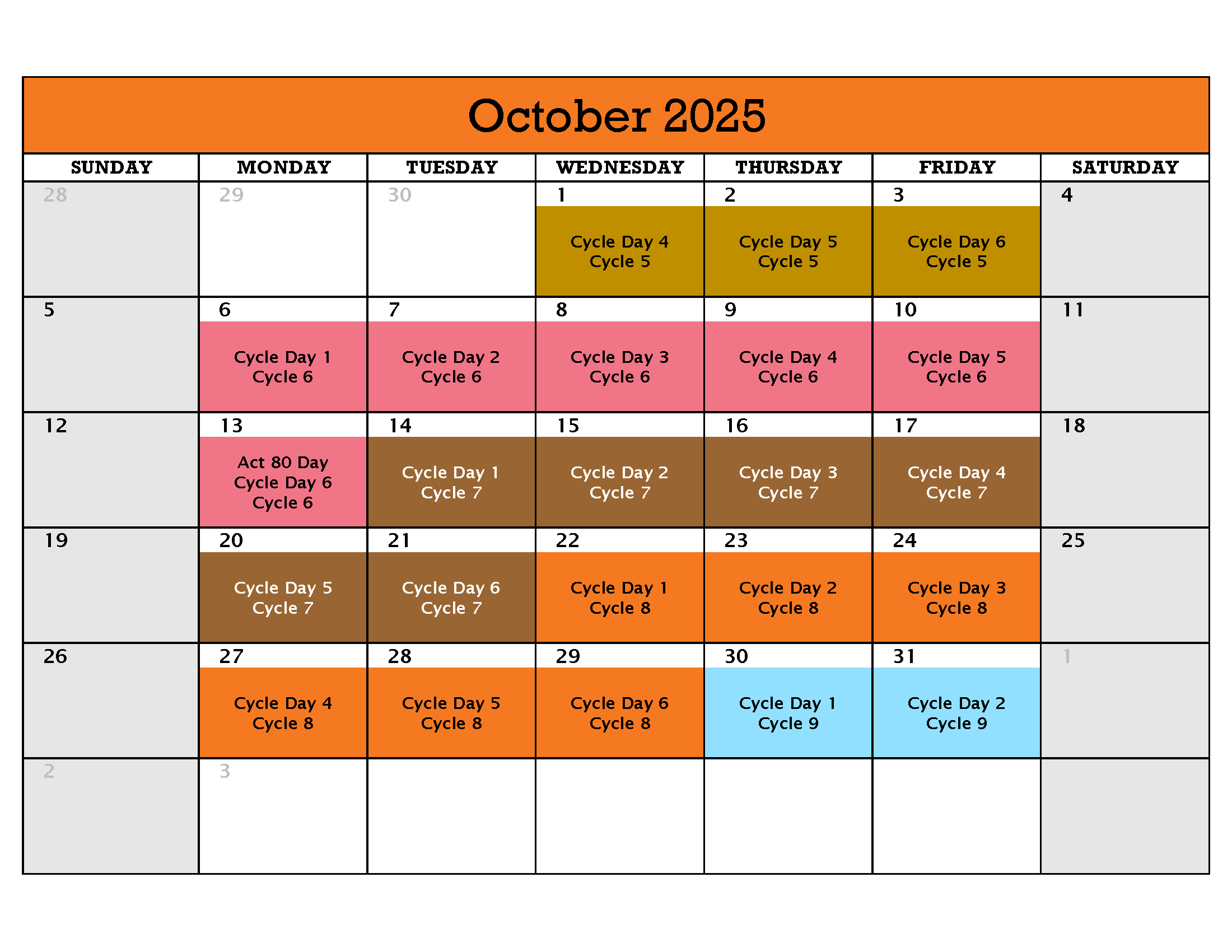 October 2025 Cycle Calendar, pdf below