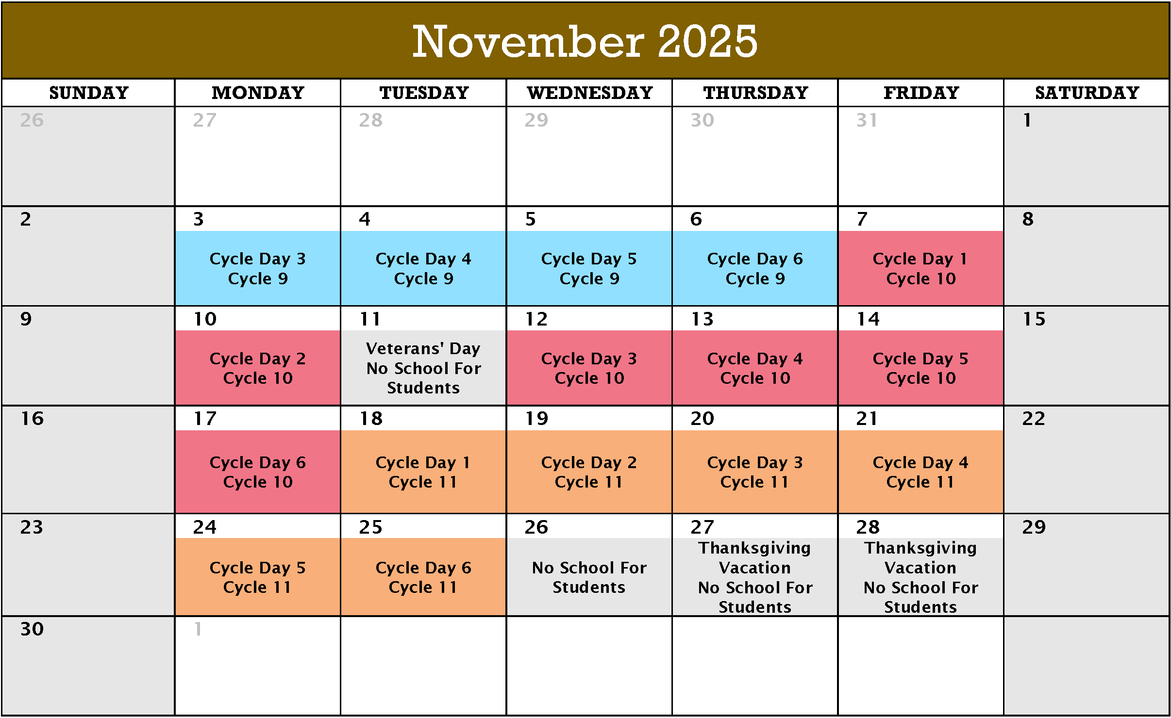 November 2025 Cycle Calendar, pdf below
