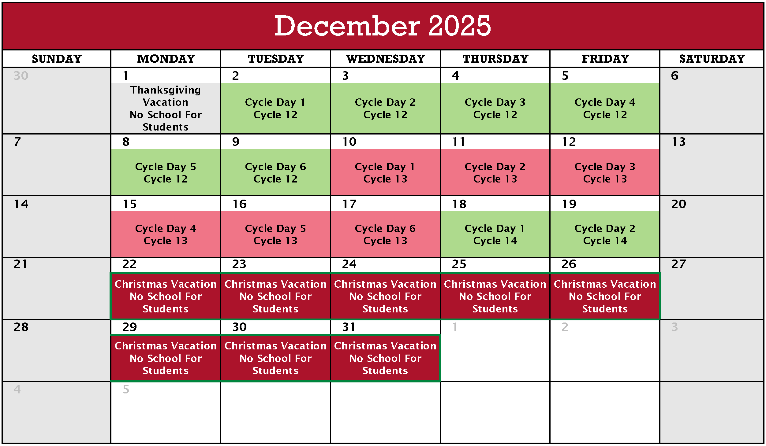December 2025 Cycle Calendar, pdf below