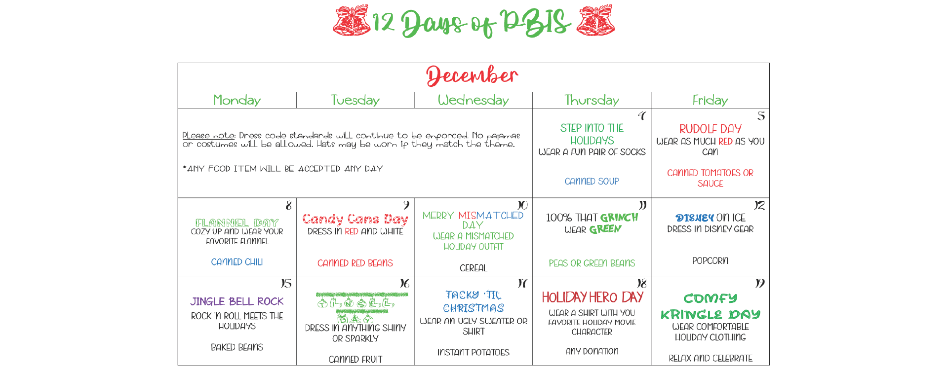 12 Days of PBIS MCMS Calendar