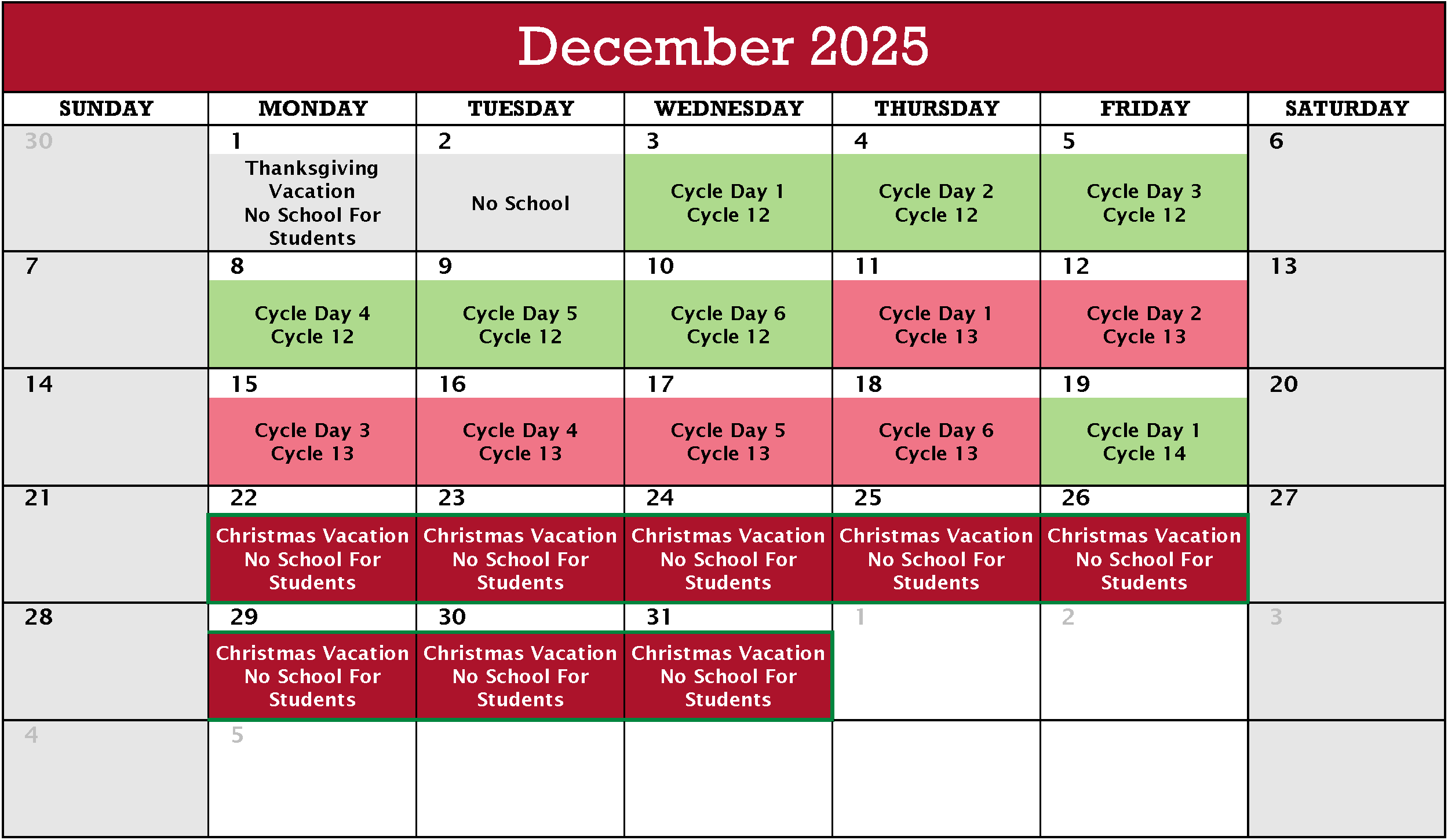 December 2025 Cycle Calendar, pdf below