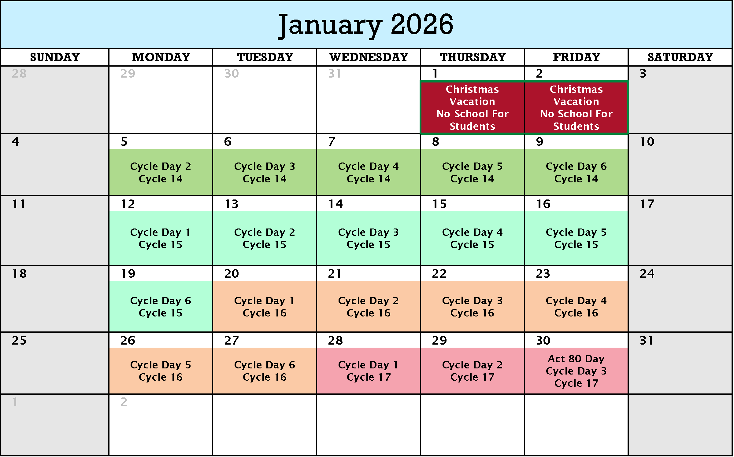 January 2026 Cycle Calendar, pdf below