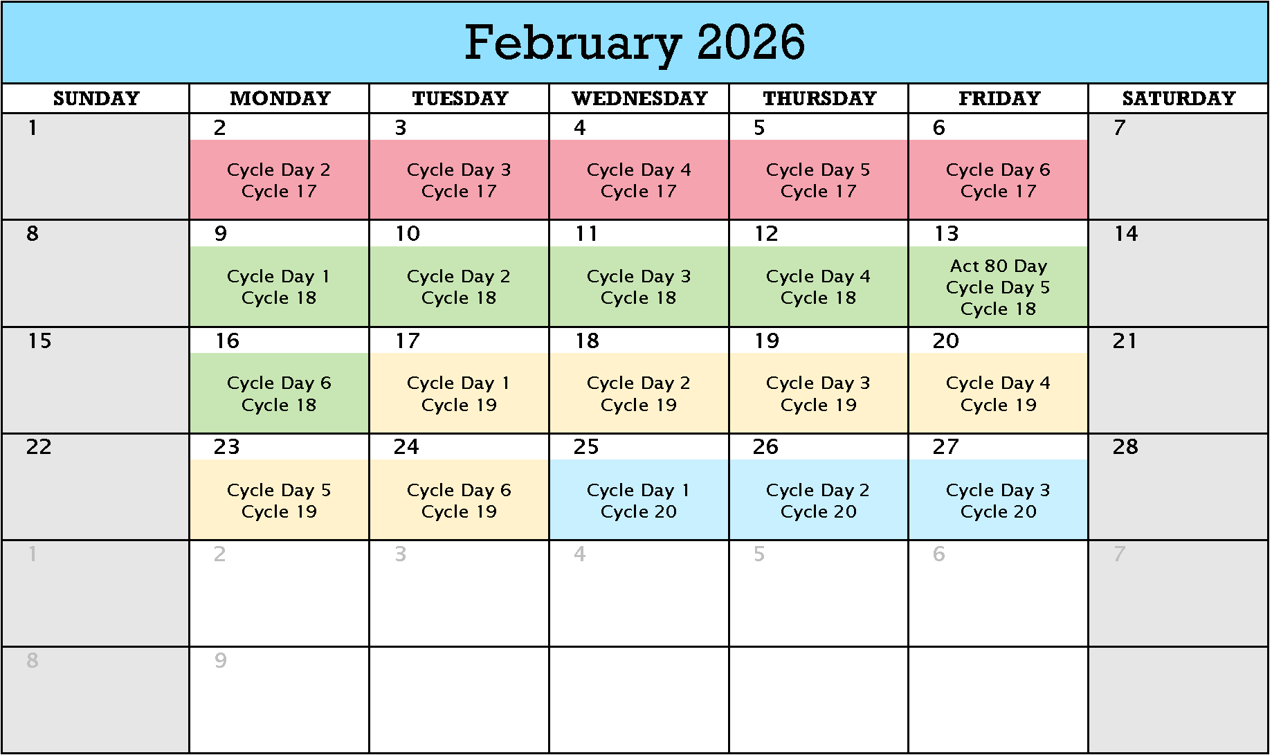 February 2026 Cycle Calendar, pdf below