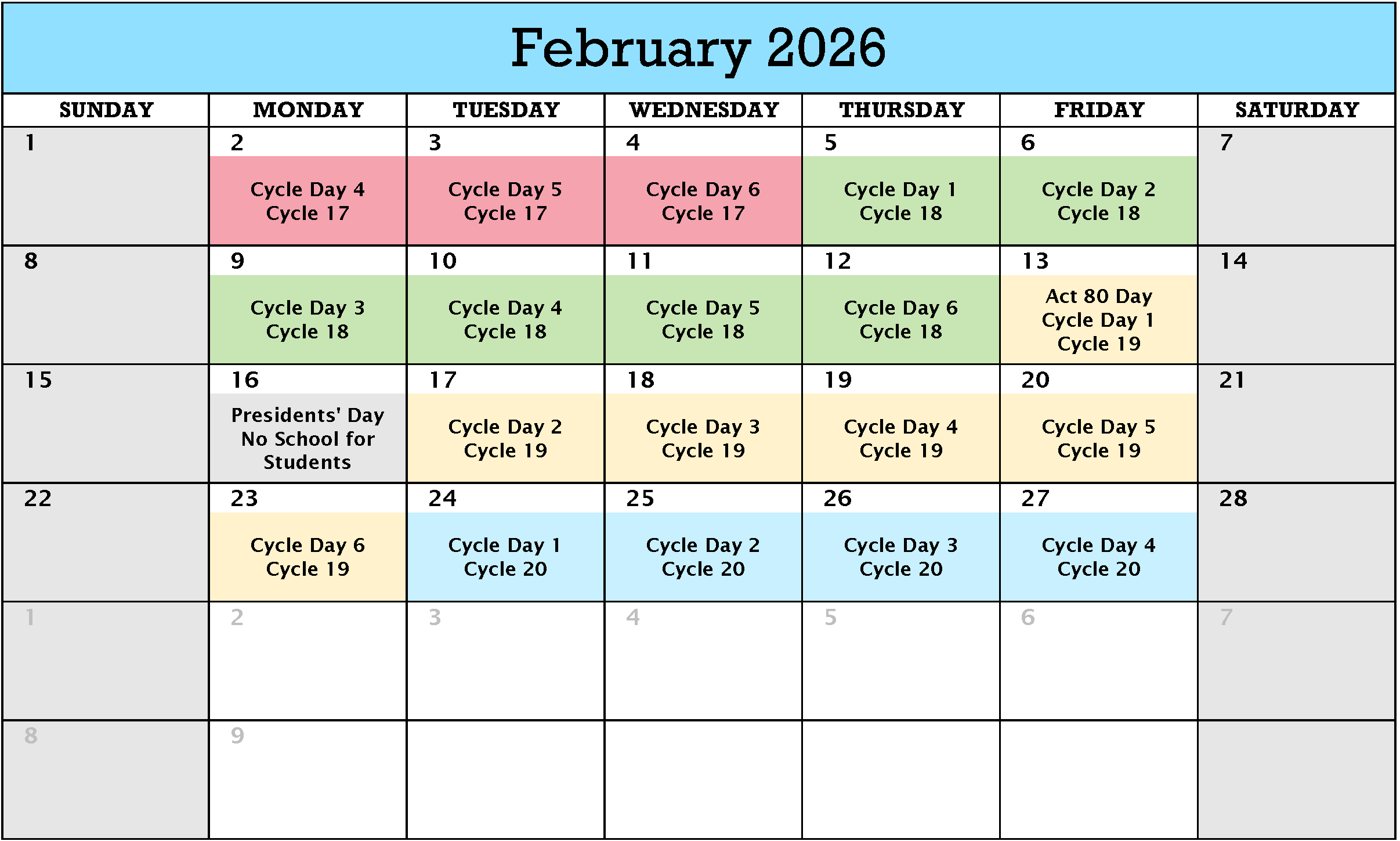 February 2026 Cycle Calendar, pdf version below