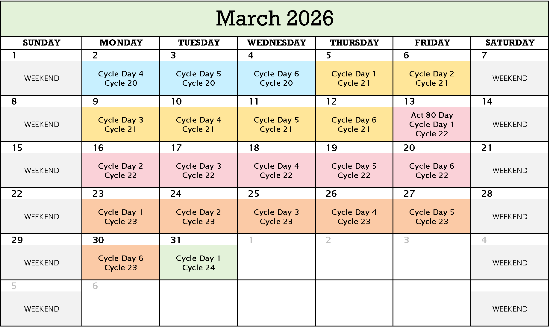 March 2026 Cycle Calendar, pdf below