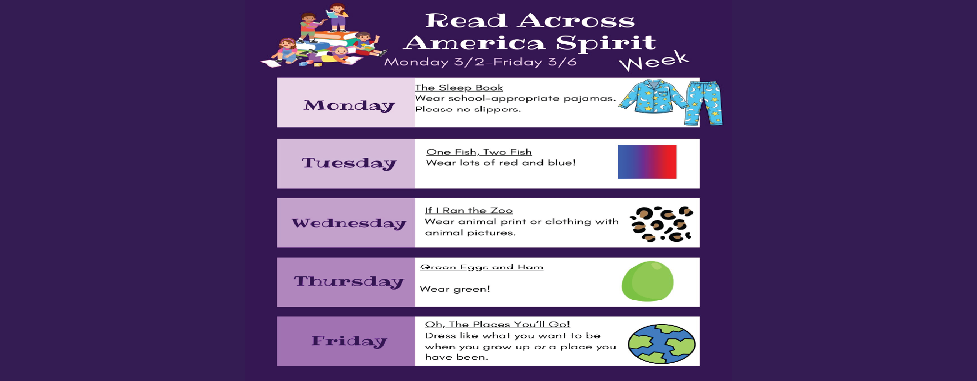 Read Across America Spirit Week, text version in footer