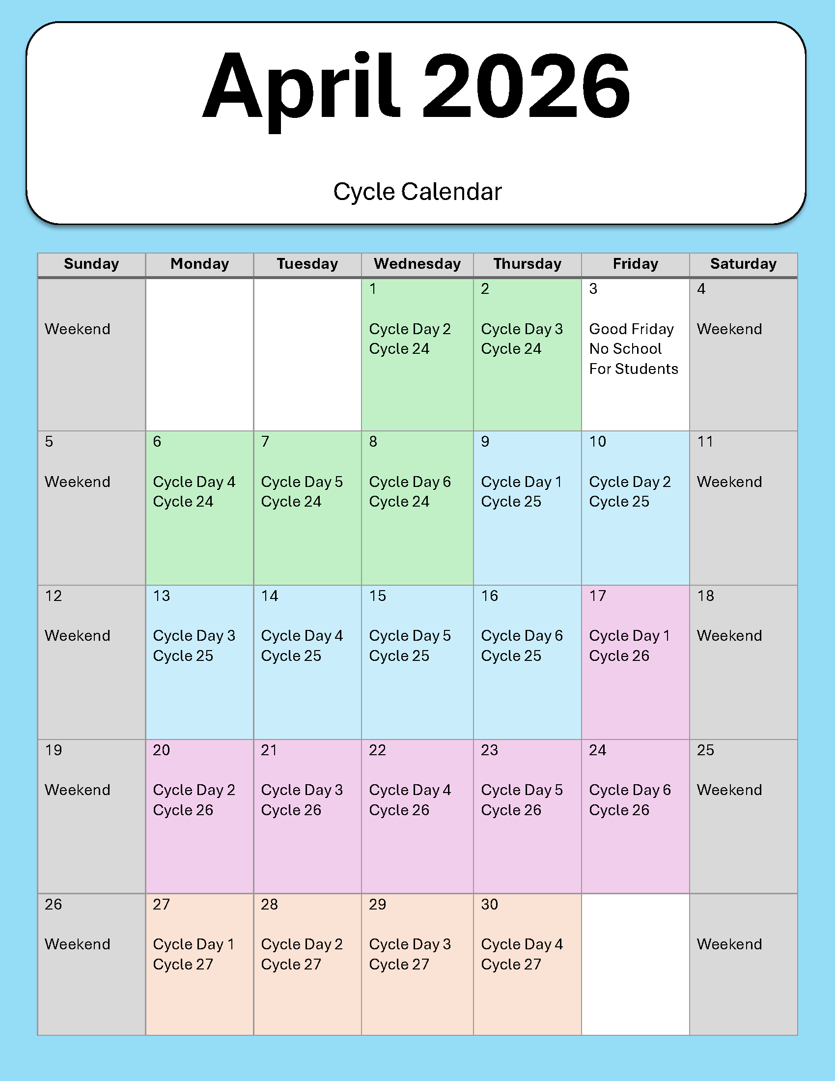 April 2026 Cycle Calendar, PDF below
