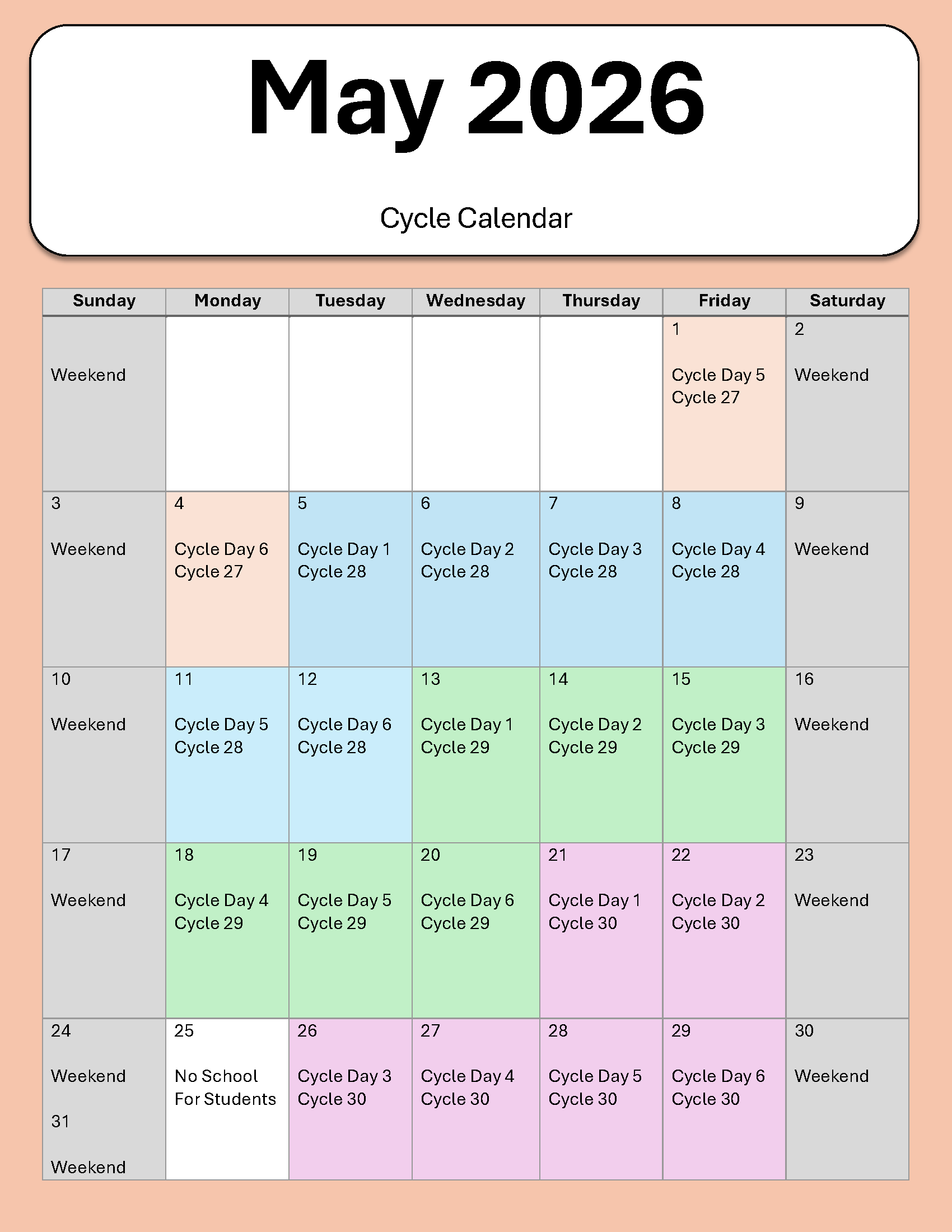May 2026 Cycle Calendar, pdf below