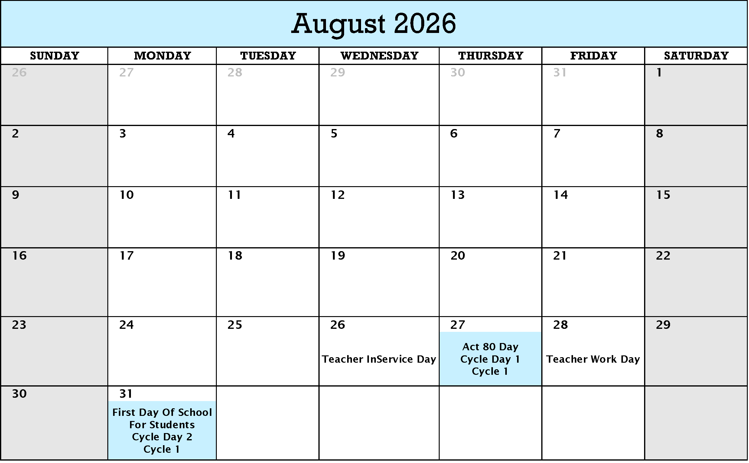 August 2026 Cycle Calendar, pdf below